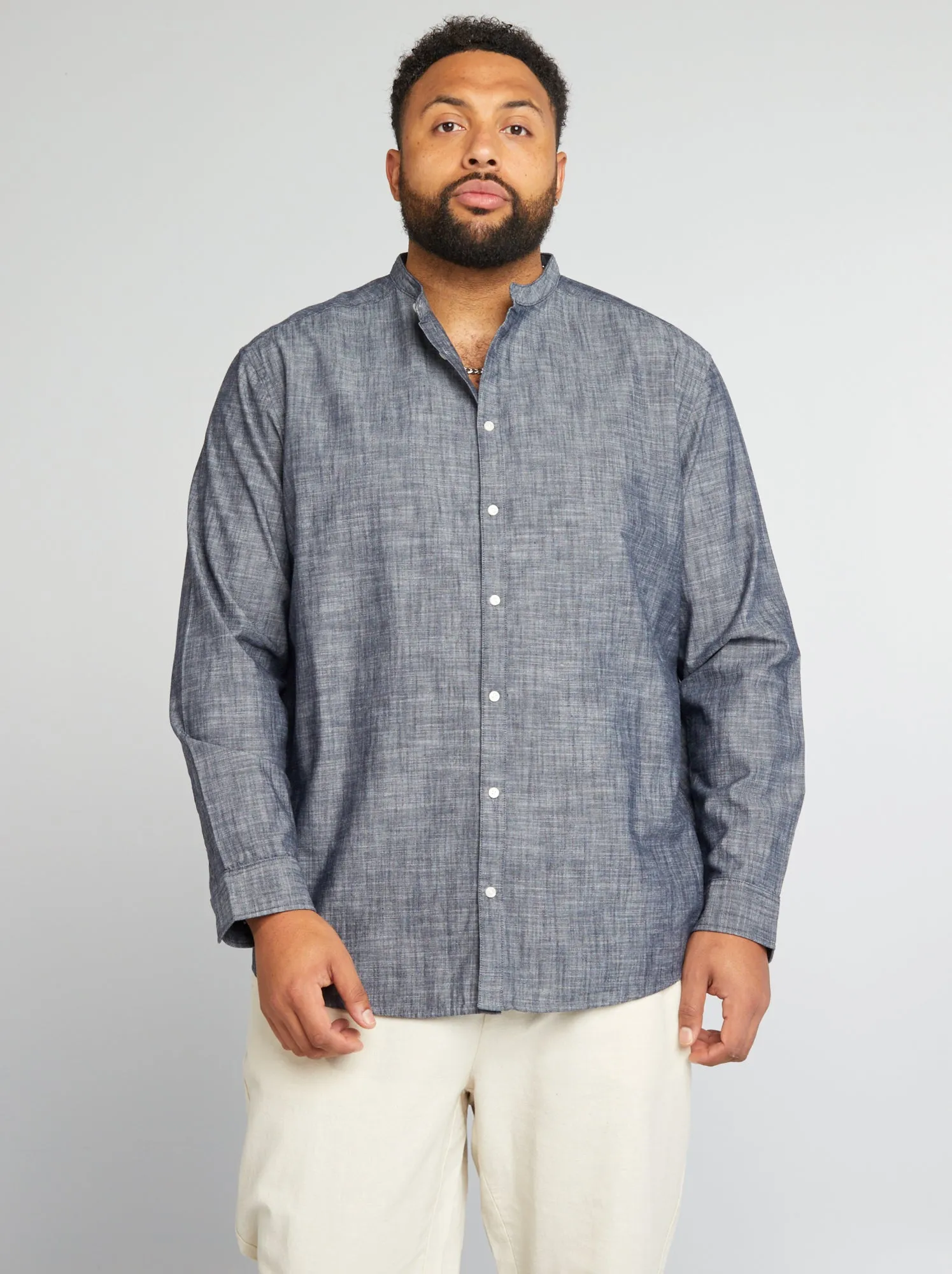 Camicia con collo alla coreana e maniche lunghe - BLU